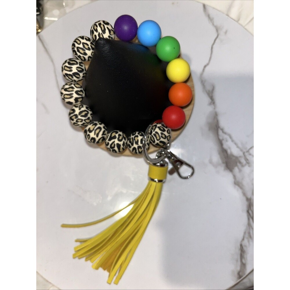 Silicone Beaded Wristlet Keychain Bracelet Tassel Key Ring Holder